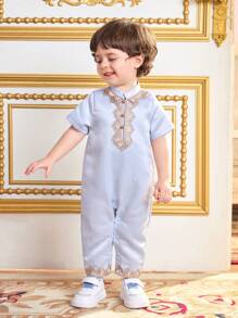 SHEIN Baby Boy/Girl Embroidered Traditional Pattern Short Sleeve Jumpsuit - Baby Blue - View 5
