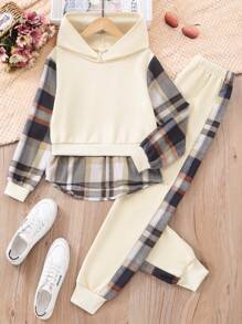 Conjunto de 2 piezas para niña preadolescente: sudadera con capucha de parchwork a cuadros y pantalones - Albaricoque - Ver 1