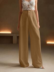Anewsta 卡其色优雅现代时尚直筒高腰西装裤，度假/新年 - 薑色 - 查看 1