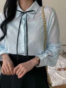 DAZY Texturierte Stoff-Schleifen-Krawatte Langarm Bluse, für Frauen, Frühling & Sommer