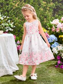 SHEIN 年轻女孩夏季优雅可爱花卉印花无袖连衣裙 - 白色 - 查看 3