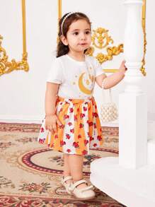 SHEIN Babygirl Summer Vacation Cute Floral Pattern Crop Top & Mini Skirt Set - Yellow - View 4