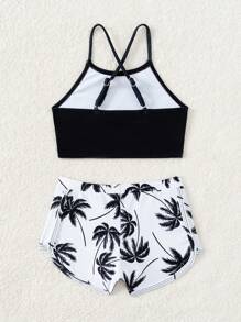 SHEIN Tween Girl Swimwear 2 Pieces Set, Cute Front Coconut Tree Design Shorts - Multicolor - View 8