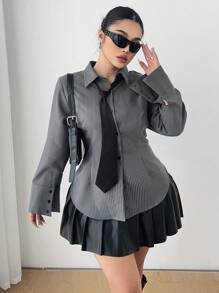 Vibekara Áo sơ mi sọc xám dài tay đơn hàng thường ngày cho nữ cỡ lớn - Xám - Xem 3