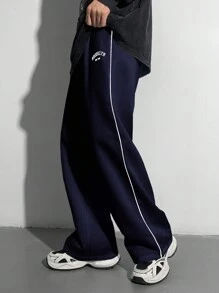 SHEIN Leap Crew Teen Boys' Loose Straight Leg Pants With Contrast Black Trim, Versatile Casual Trousers Suitable For Autumn, Winter, School, Home, Daily Wear, Sports, Birthday Party, Outings - Minimalist Style With Thermal Lined, Retro - Navy Blue - View 4