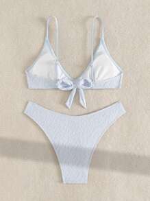 SHEIN Swim 夏季新款女士细肩带比基尼套装，无袖上衣设计，高开叉三角形下装，浅蓝色纹理面料，适合海滩、度假、休闲风格，适合所有年龄段，秋季 - 淺藍色 - 查看 6