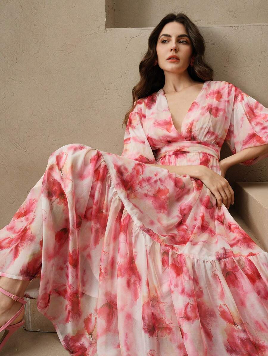 Anewsta 新款欧美设计花卉印花宽松修身长裙，适合春夏季度假 - 彩色 - 查看 1