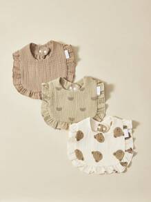 3 件装柔软棉质平纹细布婴儿围兜，带花卉蕾丝花边