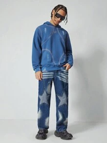 ROMWE MEN Street Life Men's Long Sleeve Printed Minimalist Hoodie, Casual Daily Wear - Blue - View 3