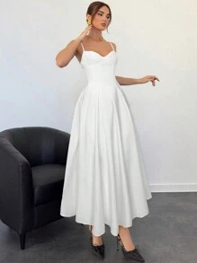 Aloruh 女士纯色白色细肩带简约休闲长裙 - 白色 - 查看 1