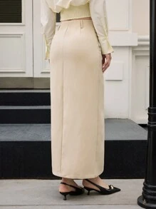 BizChic Women's Apricot Straight Skirt With Slit, Elegant Attire For Business, Casual, Office, Teacher , Spring/Summer - Khaki - View 5