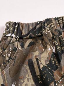 SHEIN One Piece For Tween Boy, Jeans, Casual Style, Vintage American Branch Camouflage Graffiti Denim Long Pants, Suitable For Urban Street Photography, School, Parties, Outdoor Play, And Various Scenarios In Spring, Summer, And Autumn - Army Green - View 5