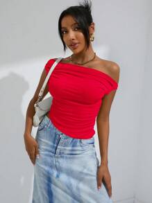 EMERY ROSE Red Solid Ruched Side Asymmetrical Neck Crop Top  - Red - View 3