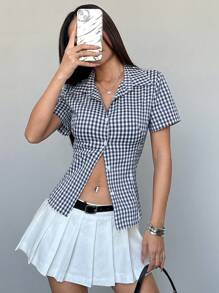 Sweetra Retro Hong Kong Style Mini Plaid Waisted Slim All-Match Versatile Polo Collar Women Short Sleeve Shirt, Spring/Summer