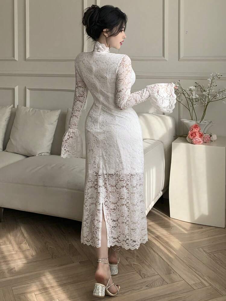 Elegant Solid Color Lace Stand Collar Flare Sleeve Mid-Calf Dress For Women Prom Dress,Dress For Wedding,Fall Dress Long Sleeve Dress