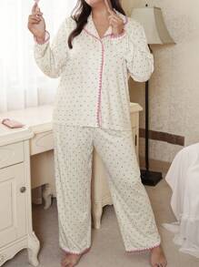 SweetSlumber Plus Size Heart Print Contrast Color Pajama Set With Long Sleeve Top And Pants, Fall Clothes, Cozy Outfit