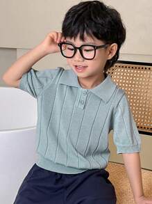 Dazy Kids 男童纯色休闲套头短袖毛衣 - 藍色 - 查看 4