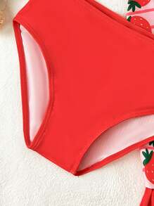 SHEIN Young Girls Bikini Sets Swimsuits Cute Strawberry Digital Print Three Pieces Girls Swimsuit Bikini Set With Mermaid Skirt Design Polyester Fabric Suitable For Summer Trips To The Beach And Pool - Red - View 6
