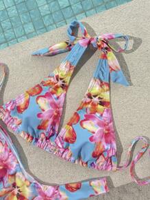 SHEIN VCAY Women's Halter Neck Tied Back Printed Bikini Top And Bottom Swimwear Set,Spring&Summer,Summer Outfits For Women,Vacation Outfits Woman,Beach Outfits For Woman,Spring Outfits For Women,Concert Outfit Women,Boho,Rave Outfits Festival,Festival Outfits For Women,Spring Break,Beach Vacation Outfits,Bathing Suit,Push Up Bikini - Blue - View 4