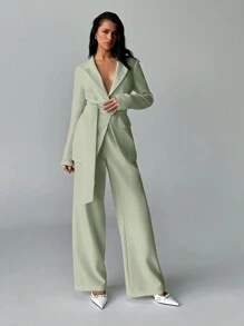 Aloruh 2pcs Women White Office Wear Suit Set: Solid Color Blazer Jacket And Dress Pants, Commuting Suit For Autumn/Winter - Green - View 1