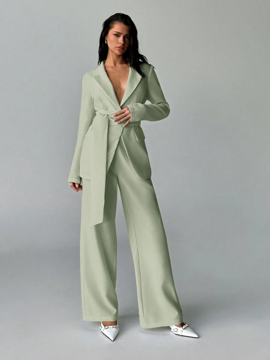 Aloruh 2pcs Women White Office Wear Suit Set: Solid Color Blazer Jacket And Dress Pants, Commuting Suit For Autumn/Winter - Green - View 1