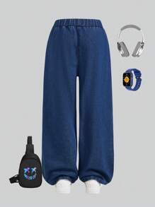 SHEIN Jeans de vestir casual lavado con estampado de letras para niño preadolescente