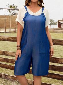 EMERY ROSE 大码女式牛仔印花双口袋宽松休闲连身裤 - 藍色 - 查看 6