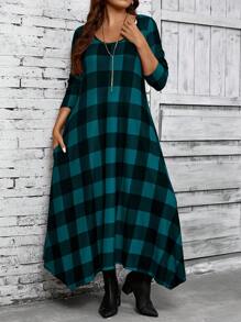 EMERY ROSE Vestido midi a cuadros para mujer de talla grande, ropa de mujer para otoño