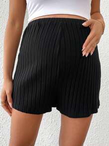 SHEIN 女士夏季休闲纯色高腰短裤 - 黑色 - 查看 7