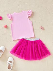 2pcs/Set Girl Letter & Cartoon Graphic Round Neck Cap Sleeve Top With Mesh Skirt - Pink - View 2