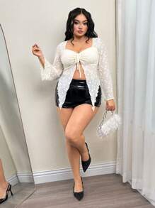 SHEIN ICON Plus Size Apricot Chest Tie Front Ruched Flare Sleeve Split Hem Top - Apricot - View 6