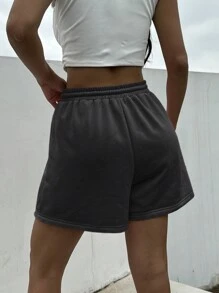 SHEIN EZwear Summer Loose Casual Pink Drawstring Waist Patch Detail Sports Shorts - Grey - View 2