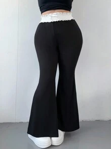 Flirla Plus Size Color Block Waist Paper Bag Flare Leg Pants, Elegant & Slim-Fit