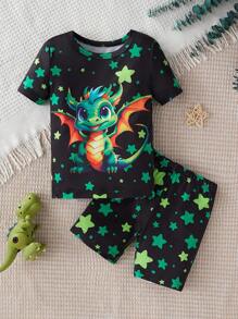2 pièces Ensemble de pyjama short et t-shirt à manches courtes pour garçon, imprimé qui brille dans le noir, coupe ajustée
