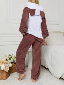 RueChic 2Pcs Pelush Panda Embroidery Detail Hoodie And Long Bottoms PJ Set - Rusty Rose - View 2
