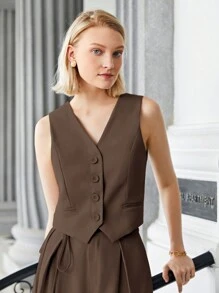 BizChic Women's V-Neck Button Front Sleeveless Vest Basic Top, Urban Commute Minimalist Fashion Basic Business Casual Outerwear Top, Office Wear In Fall/Winter - Brown - View 4