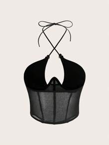SHEIN ICON Heart Rhinestone Buckle Waist Mesh Patchwork Cross Cami Top - Black - View 2