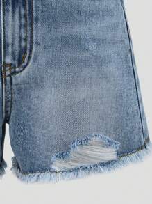 Denimly Girls Elastic Waist Distressed Style Preppy Outdoorsy Denim Shorts, School, Campus, College