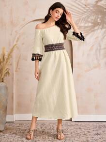 Al Najma 女士纯色拼接斜肩流苏装饰休闲长款连衣裙 - 杏色 - 查看 5