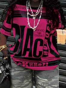 Rovax Áo thun cổ tròn in chữ tay ngắn mùa hè cỡ lớn cho nữ - Màu Hồng Tươi - Xem 3