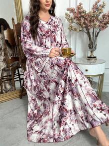 Al Najma 大码女式花卉印花 V 领喇叭袖连衣裙，适合度假，阿拉伯风格 - 彩色 - 查看 6