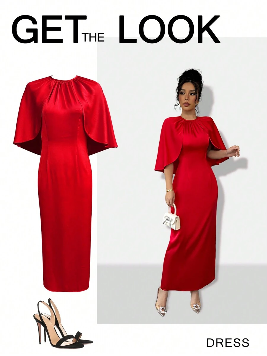 Elenzga Đầm dài cổ tròn 2 trong 1 màu đỏ thanh lịch, thích hợp cho ngày lễ tình nhân