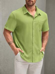 Manfinity Homme Plus Size Men's Solid Color Simple Casual Short Sleeve Shirt - Lime Green - View 5