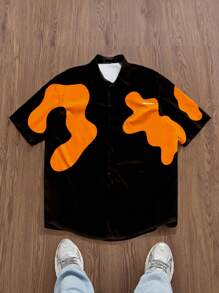 SWAVVY Men's Front Button Short Sleeve Shirt, Minimalist Pattern Design, Casual - Black - View 1