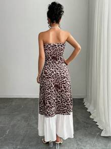 SHEIN LUNE Standard Sized Women Leopard Print Strapless Bodycon Dress With Cinched Waist And Open Slit Hem - Multicolor - View 2