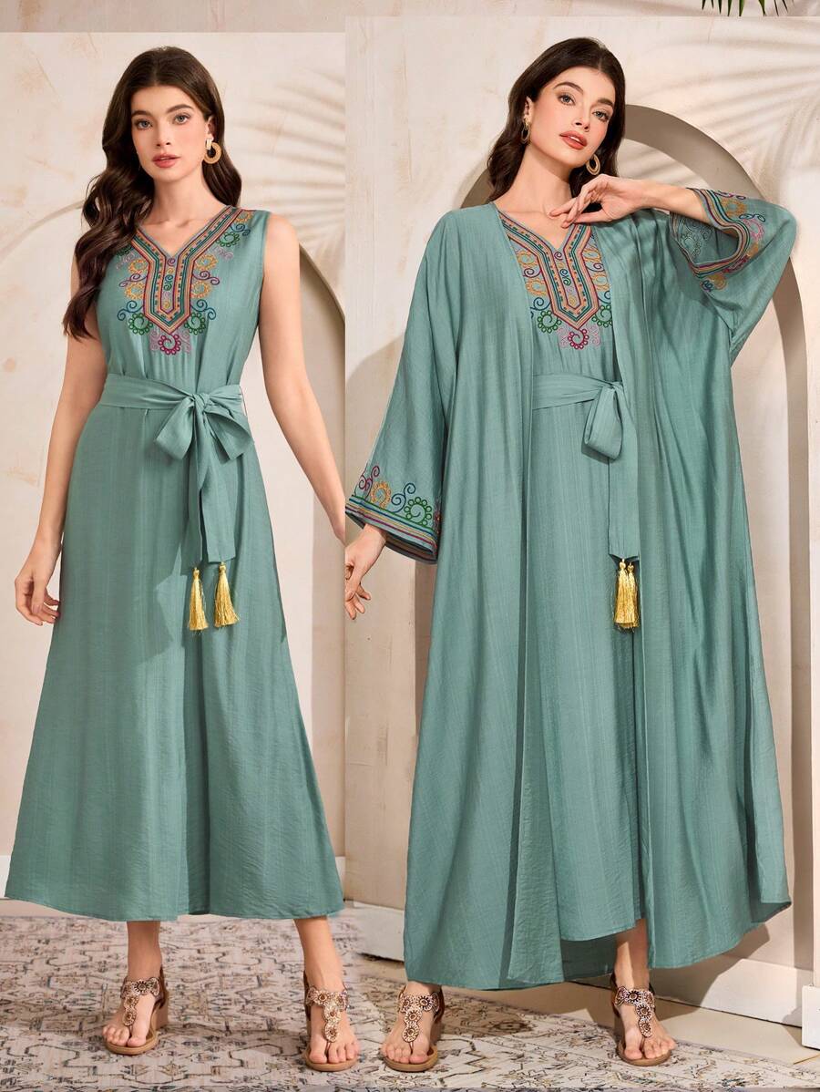 Al Najma Conjunto de vestido árabe largo de manga larga con nudo delantero, estilo minimalista. Traje árabe colorido y finamente bordado con cuello y puños, modesto vestido kaftan