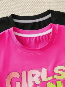 SHEIN Tween Girl Casual Slogan Print Short Sleeve T-Shirt - Multicolor - View 3