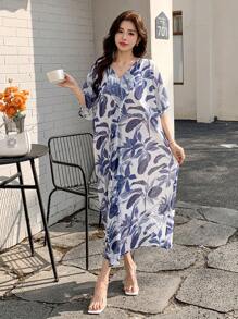 DAZY 1pc Women All-Over Floral Print V-Neck Ruffle Hem Mid-Length Dress