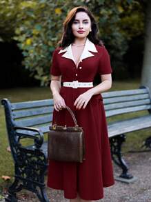 Vintamour Vestido elegante vintage de verano y otoño para mujer con cuello de color block, lazo y mangas cortas acampanadas. Atuendo de mujer para el Día de Acción de Gracias, ropa elegante de otoño, vestidos de mujer para el Día de San Valentín, atuendos de verano para mujer, vestidos elegantes para mujer
