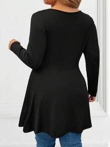 Vibekara 大码系带长袖 T 恤，纯色休闲简约设计，适合日常穿着 - 黑色 - 查看 2